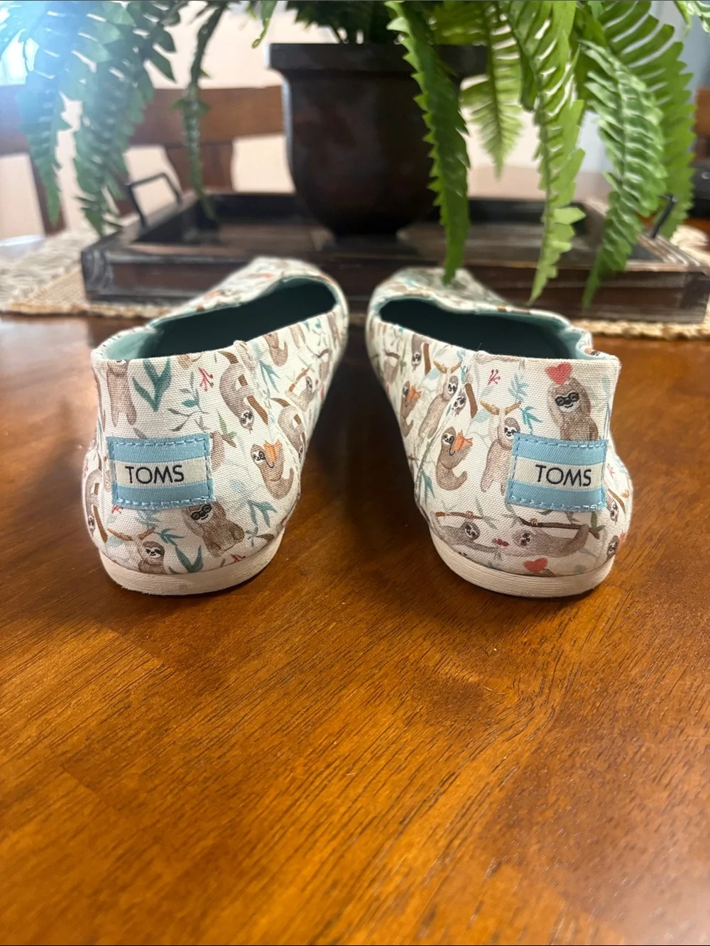 Toms Slip-On Flats in Cream with Teal Insole and Sloth Print